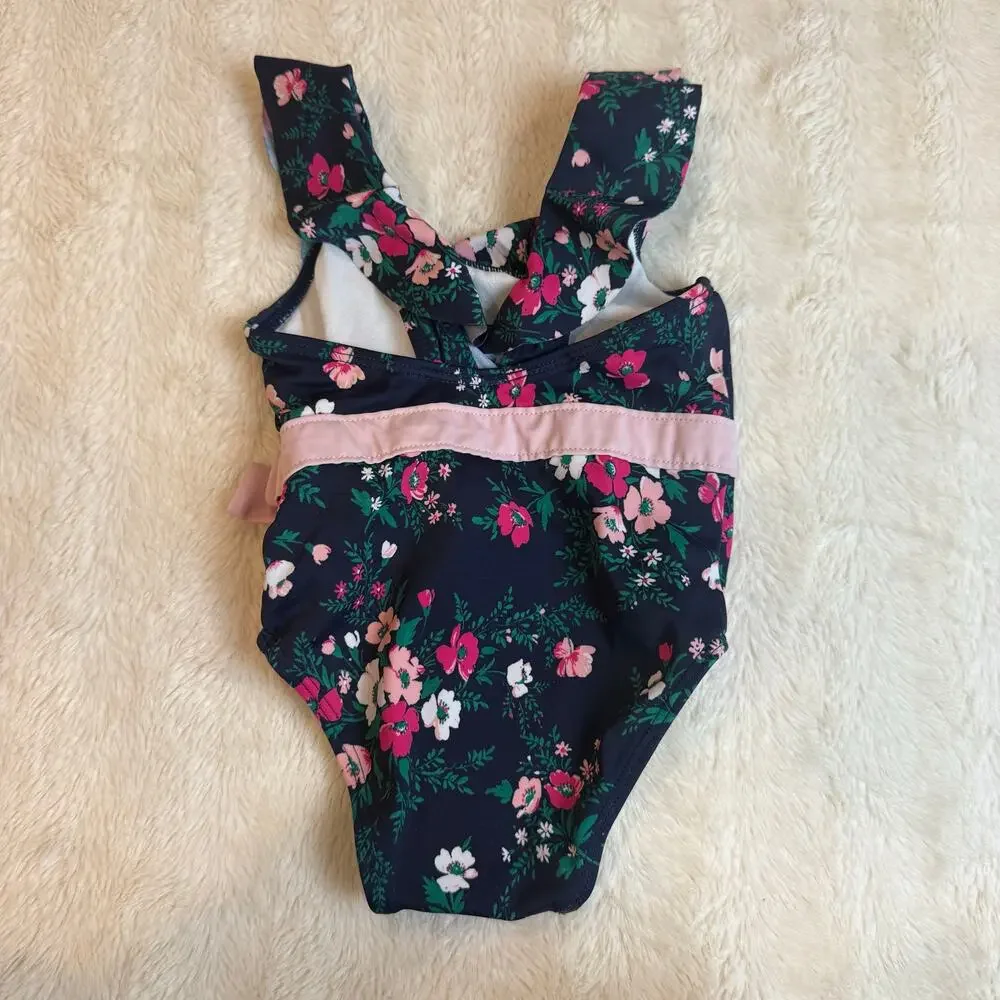 Janie Jack Swimsuit One Piece Navy Blue Pink Ruffle Bow Baby Girl 6-12 Months